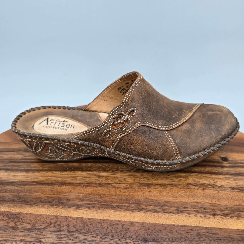 Clarks Brown Leather Embroidered Clog Mule